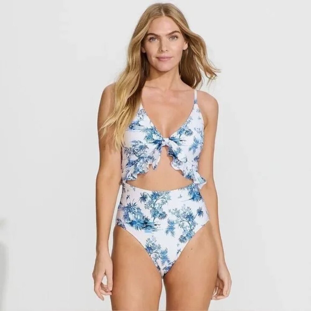 NWT, LANDS' END Women's Tie Front Ruffle Monokini One Piece Swimsuit, Large